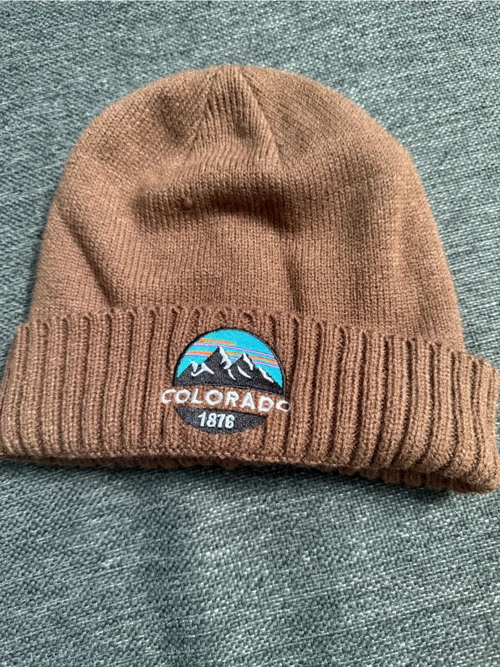 Brown Beanie with Colorado Mountain Patch one size